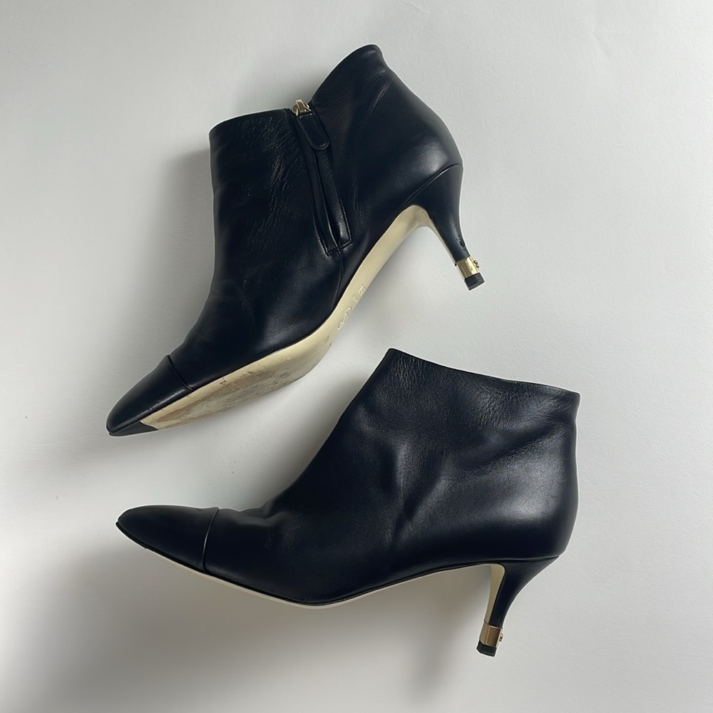 CHANEL Black Leather Ankle Boots Gold Metal Heel Cap. 39.5.
